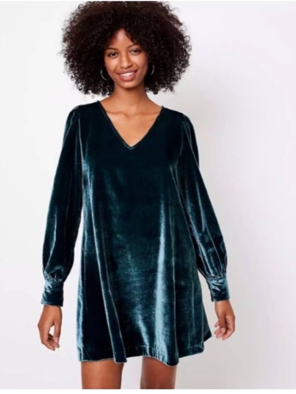 LOFT Teal Velvet V-Neck Long Sleeve Dress